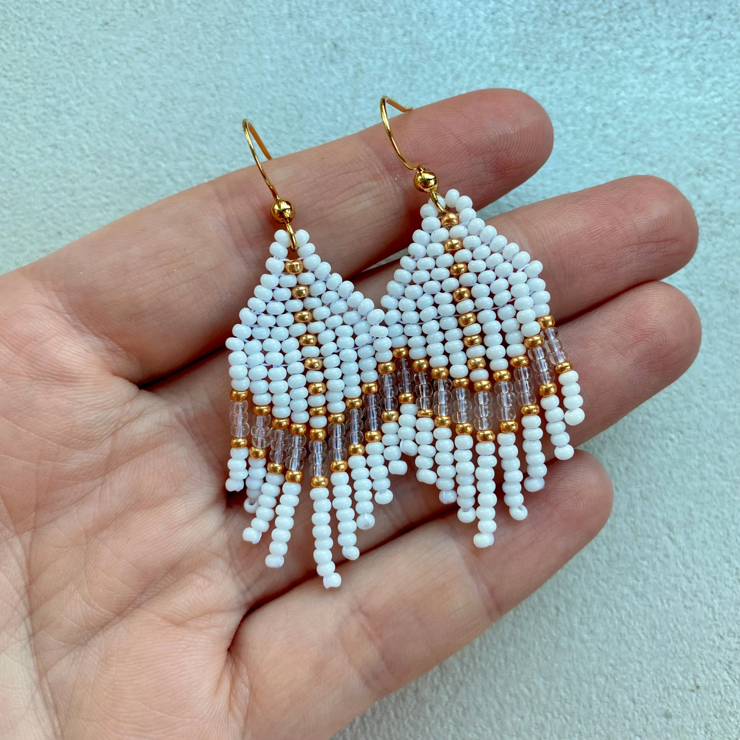 White Gold Seed Bead Earrings, Small Fringe Chandelier earrings for Women