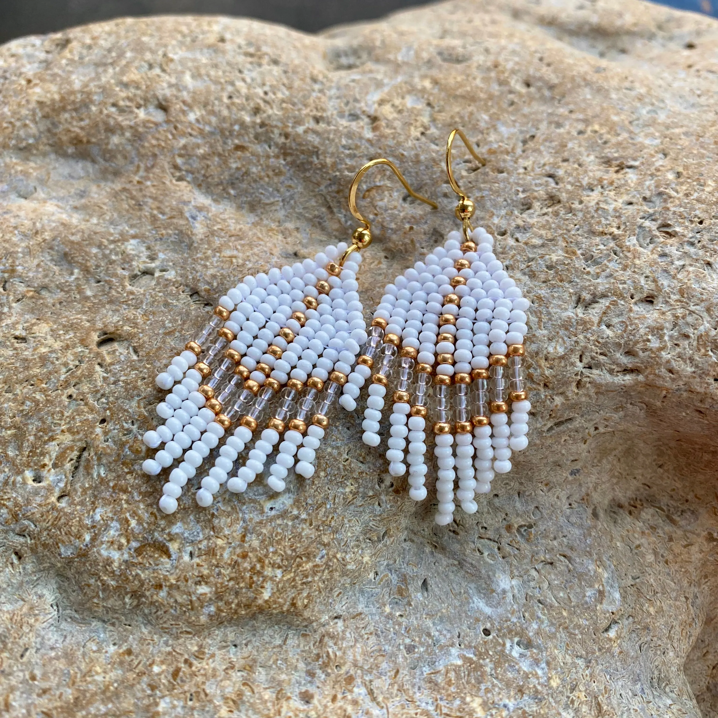 White Gold Seed Bead Earrings, Small Fringe Chandelier earrings for Women