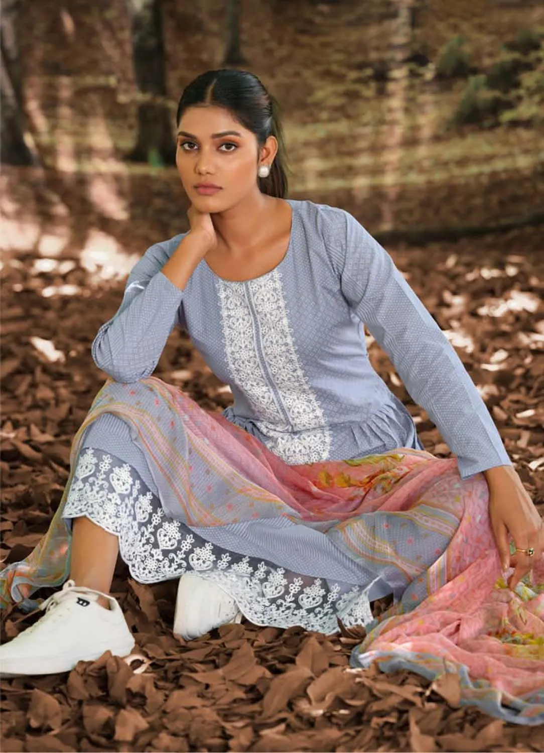 Women Unstitched Lawn Cotton Blue Suit Dress Material with Embroidery