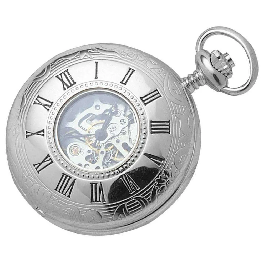 Woodford Chrome Plated Skeleton Half Hunter Mechanical Pocket Watch - Silver