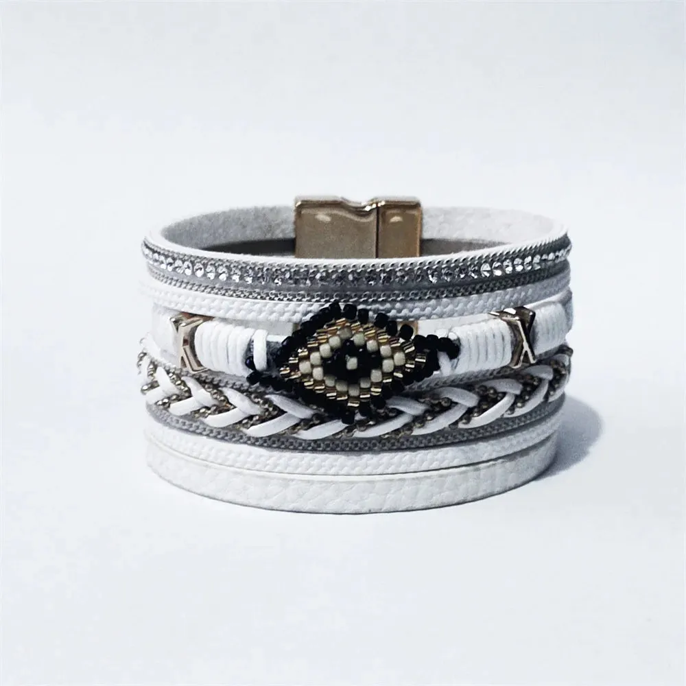 WYBU Multilayer Handwoven Leather Bracelet for Women Magnet Buckle Wide Bracelet Rice Bead Woven Devil's Eye Leather Bracelet