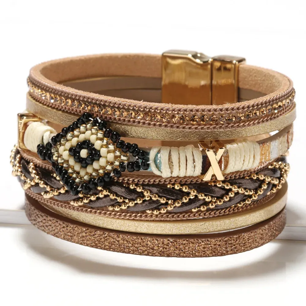 WYBU Multilayer Handwoven Leather Bracelet for Women Magnet Buckle Wide Bracelet Rice Bead Woven Devil's Eye Leather Bracelet