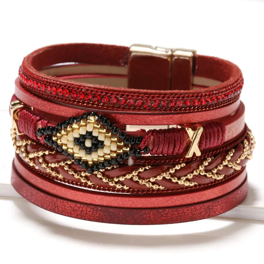 WYBU Multilayer Handwoven Leather Bracelet for Women Magnet Buckle Wide Bracelet Rice Bead Woven Devil's Eye Leather Bracelet