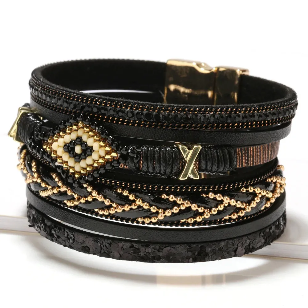 WYBU Multilayer Handwoven Leather Bracelet for Women Magnet Buckle Wide Bracelet Rice Bead Woven Devil's Eye Leather Bracelet