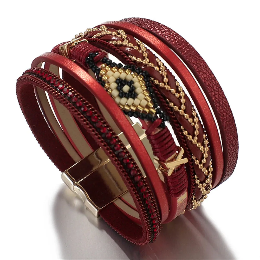 WYBU Multilayer Handwoven Leather Bracelet for Women Magnet Buckle Wide Bracelet Rice Bead Woven Devil's Eye Leather Bracelet