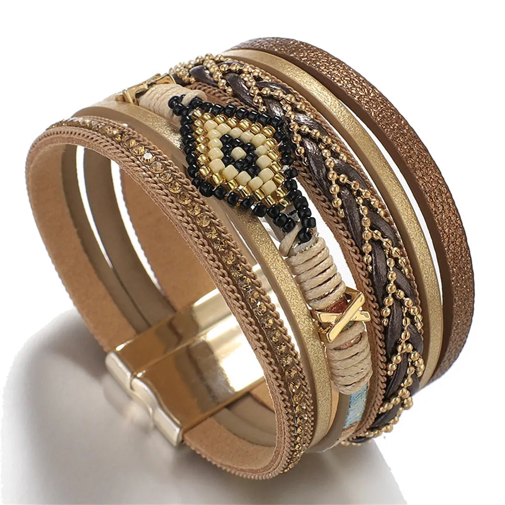 WYBU Multilayer Handwoven Leather Bracelet for Women Magnet Buckle Wide Bracelet Rice Bead Woven Devil's Eye Leather Bracelet