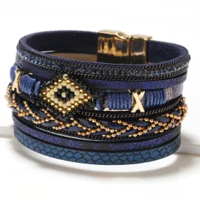 WYBU Multilayer Handwoven Leather Bracelet for Women Magnet Buckle Wide Bracelet Rice Bead Woven Devil's Eye Leather Bracelet