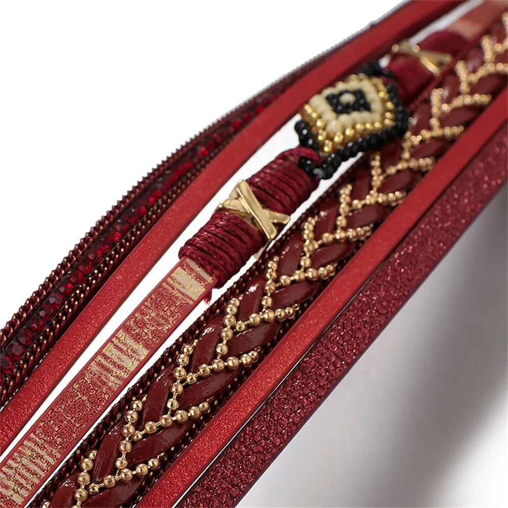 WYBU Multilayer Handwoven Leather Bracelet for Women Magnet Buckle Wide Bracelet Rice Bead Woven Devil's Eye Leather Bracelet