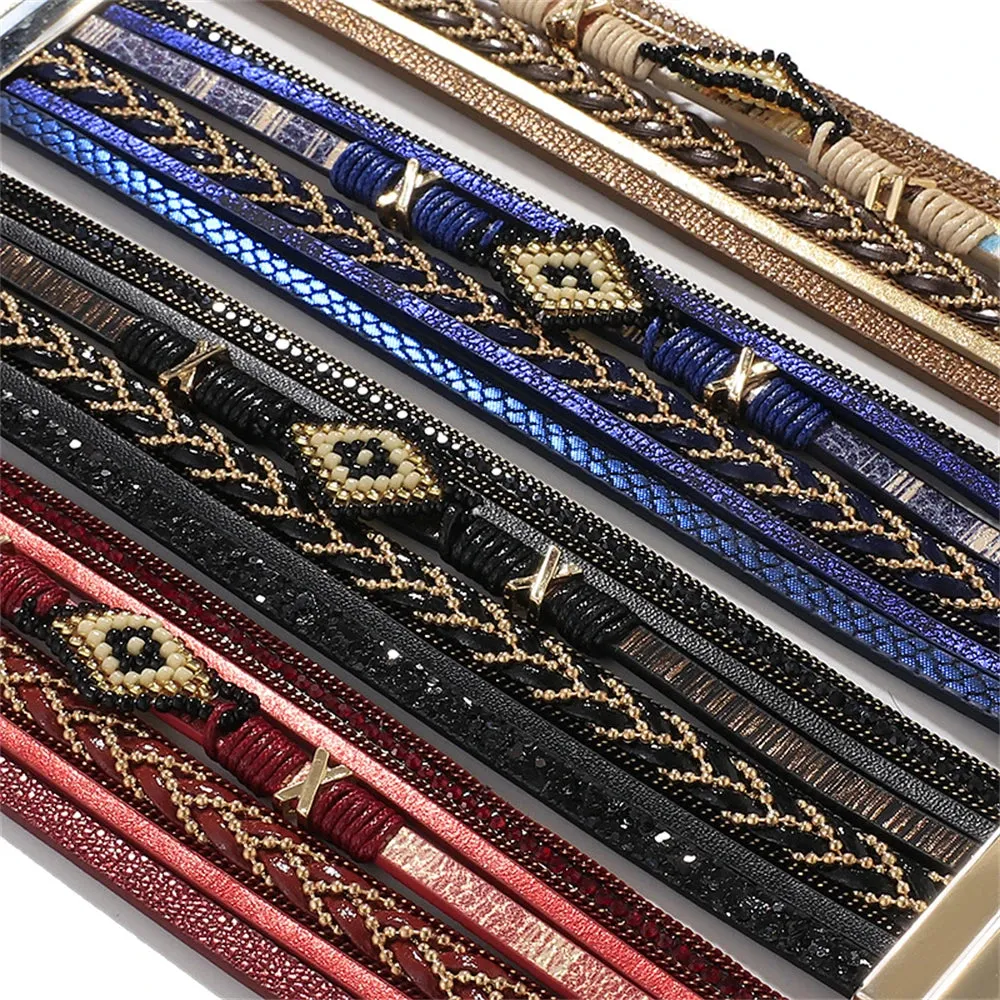 WYBU Multilayer Handwoven Leather Bracelet for Women Magnet Buckle Wide Bracelet Rice Bead Woven Devil's Eye Leather Bracelet